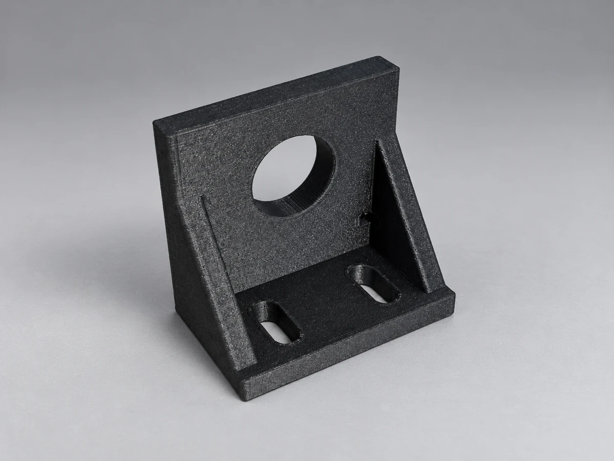 Black 3D-printed sensor mounting bracket with circular opening and slotted holes